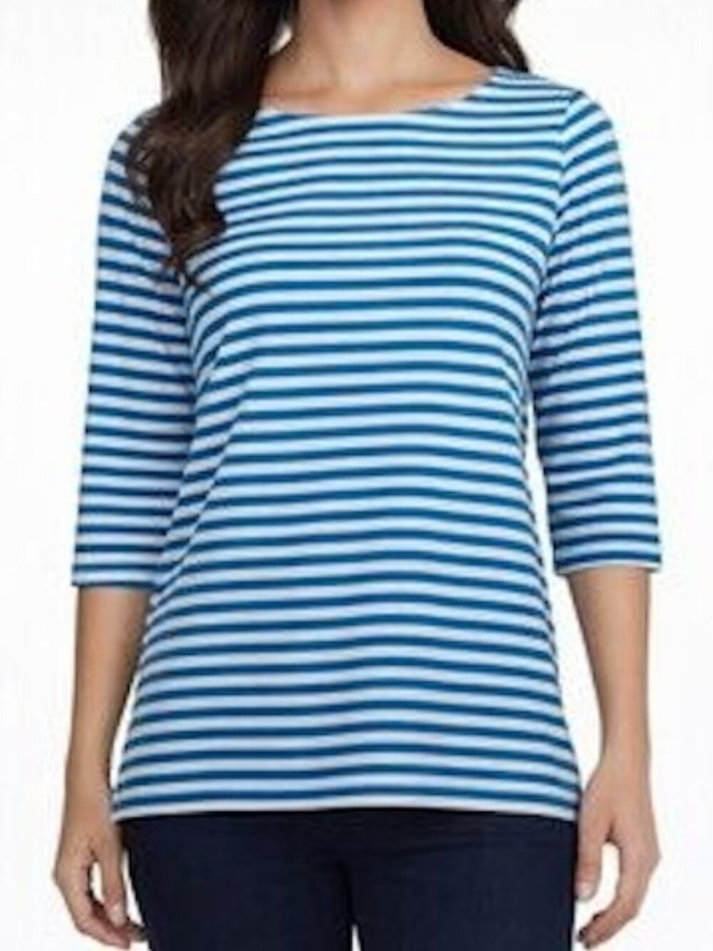 Lands' End Women's Top T-Shirt 3/4 Sleeve Boatneck Blue White Stripes Small
